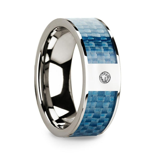 Flat 14k White Gold Ring with Blue Carbon Fiber Inlay & White Diamond Setting - 8mm