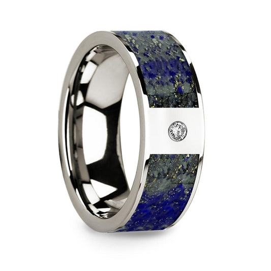Flat 14k White Gold Ring with Blue Lapis Lazuli Inlay & White Diamond Setting - 8mm
