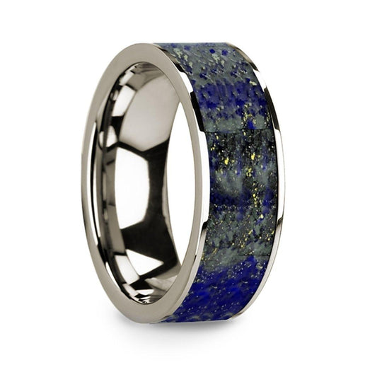 Flat 14k White Gold Ring with Blue Lapis Lazuli Inlay and Polished Edges - 8mm