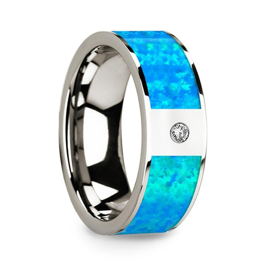 Flat 14k White Gold Ring with Blue Opal Inlay & White Diamond Setting - 8mm