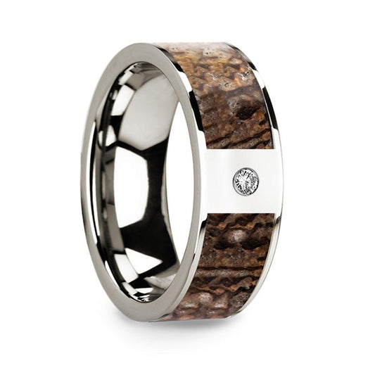 Flat 14k White Gold Ring with Brown Dinosaur Inlay & White Diamond Setting - 8mm