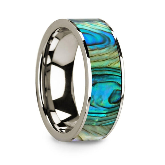 Flat 14k White Gold Ring with Mother of Pearl Inlay and Polished Edges - 8mm