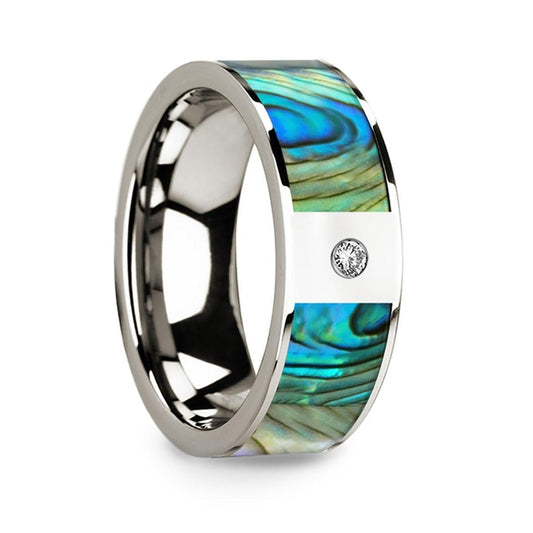 Flat 14k White Gold Ring with Mother of Pearl Inlay & White Diamond Setting - 8mm