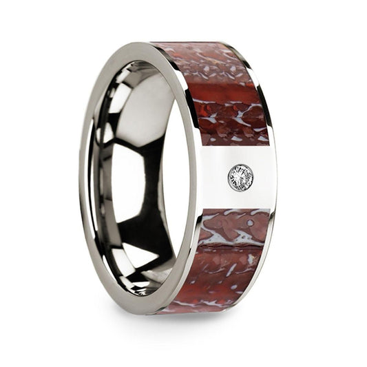 Flat 14k White Gold Ring with Red Dinosaur Bone Inlay & White Diamond Setting - 8mm
