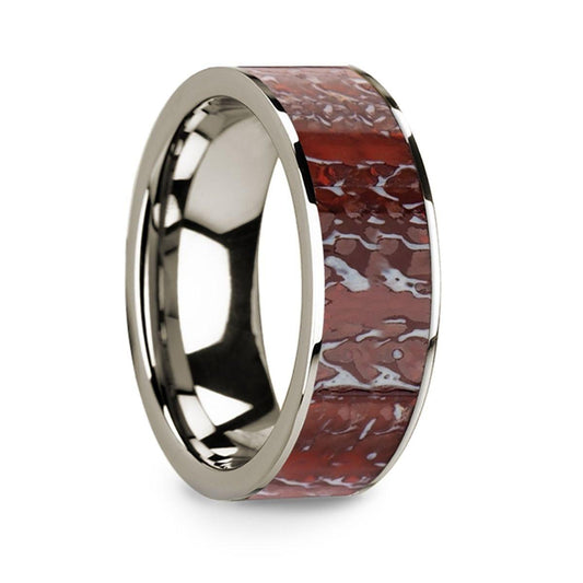 Flat 14k White Gold Ring with Red Dinosaur Bone Inlay - 8mm