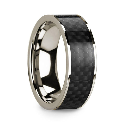 Polished 14k White Gold Men's Wedding Band with Black Carbon Fiber Inlay - 8mm - Thorsten Rings