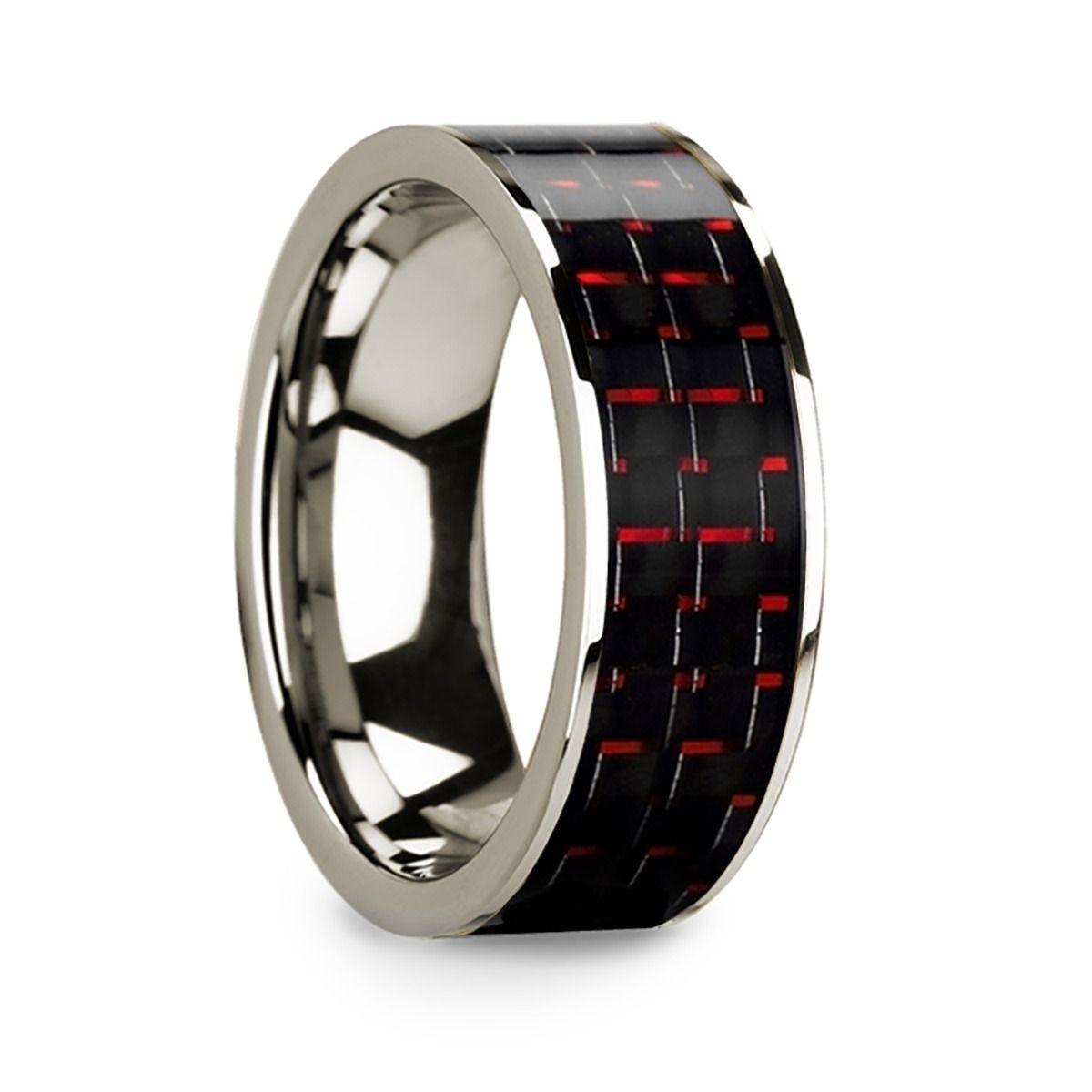 Men���s 14k White Gold Flat Wedding Band with Black & Red Carbon Fiber - 8mm