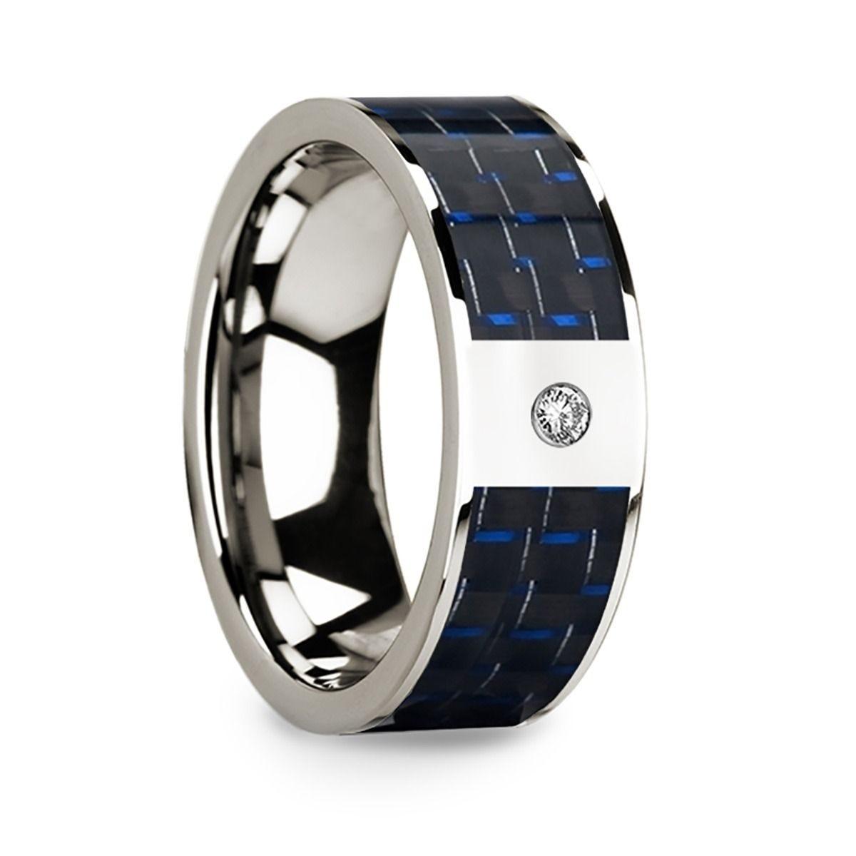 Diamond Center 14k White Gold Men's Wedding Ring with Blue & Black Carbon Fiber Inlay - 8mm - Thorsten Rings