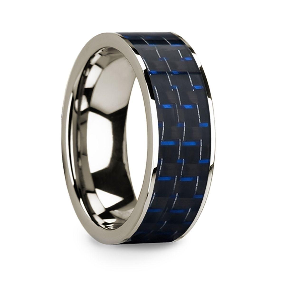 Blue & Black Carbon Fiber Inlaid Polished 14k White Gold Men���s Flat Wedding Ring - 8mm