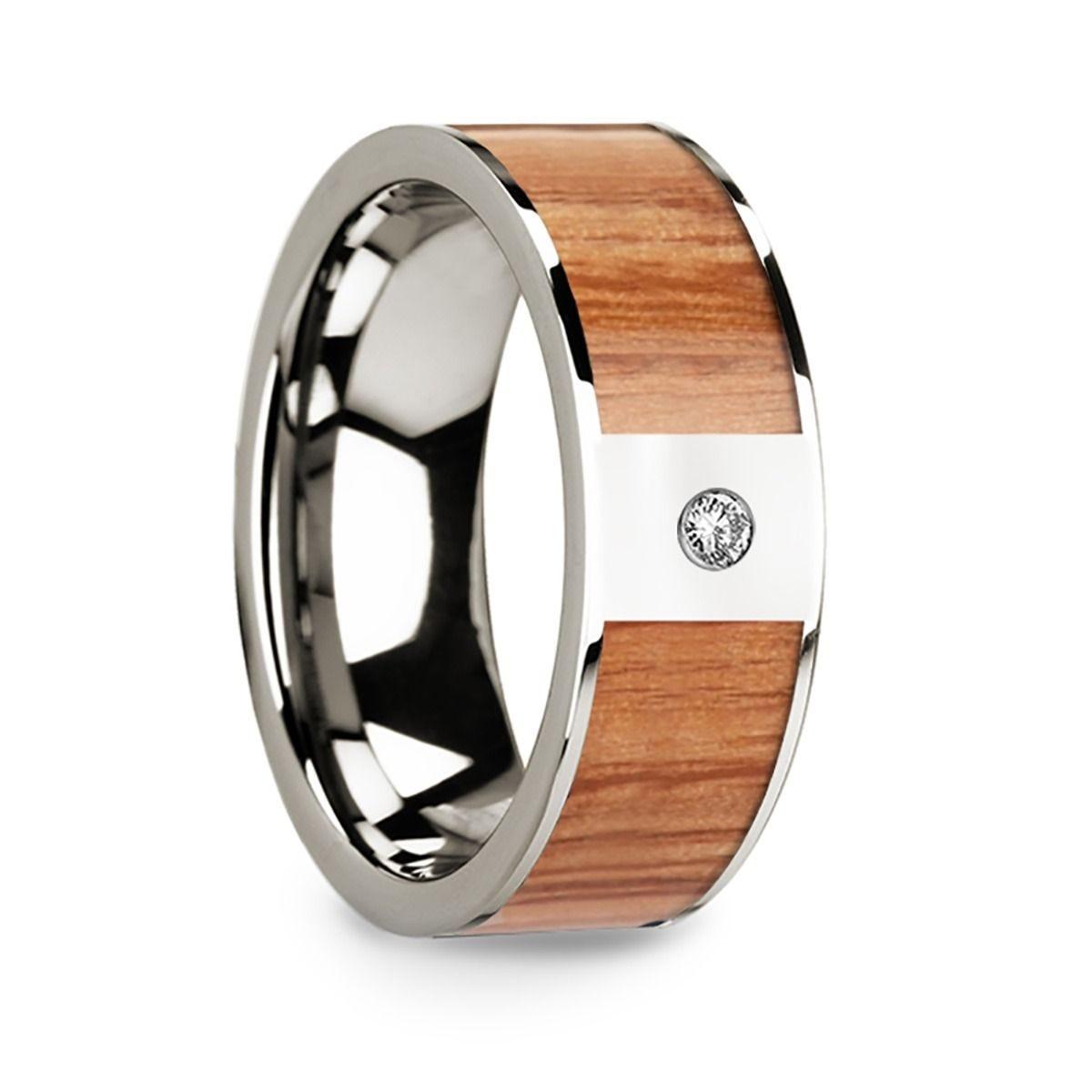 Polished 14k White Gold Men's Wedding Band with Red Oak Wood Inlay & Diamond Accent - 8mm - Thorsten Rings