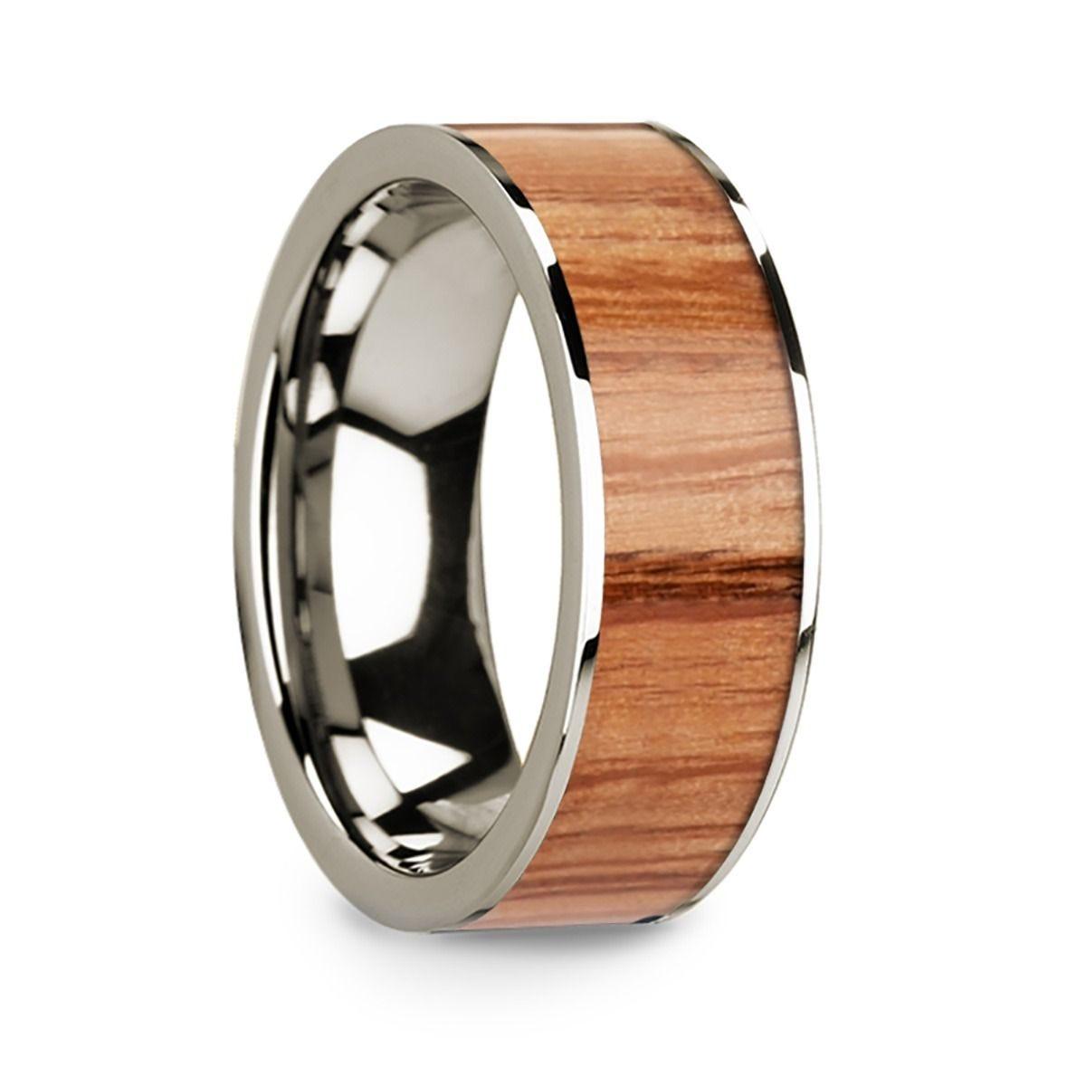 Polished Flat 14k White Gold Men���s Wedding Ring with Red Oak Wood Inlay - 8mm