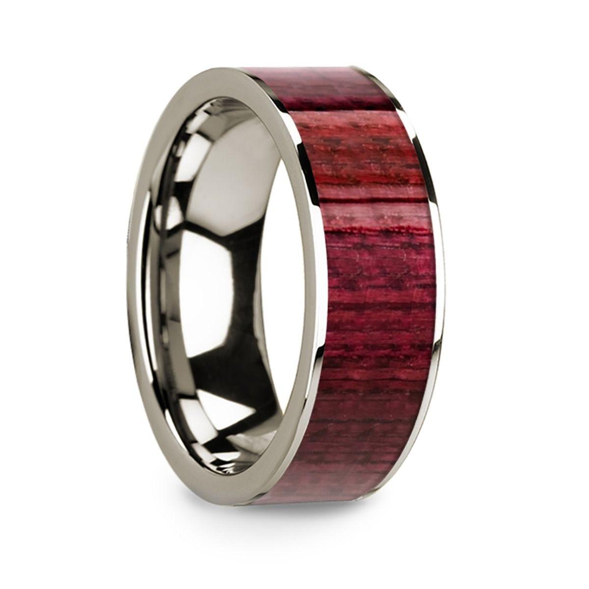 Purpleheart Inlaid 14k White Gold Men���s Wedding Band with Polished Finish - 8mm