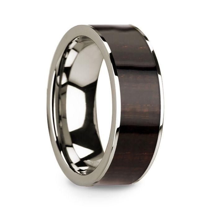 Men's Polished 14k White Gold with Ebony Wood Inlay Wedding Ring - 8mm - Thorsten Rings