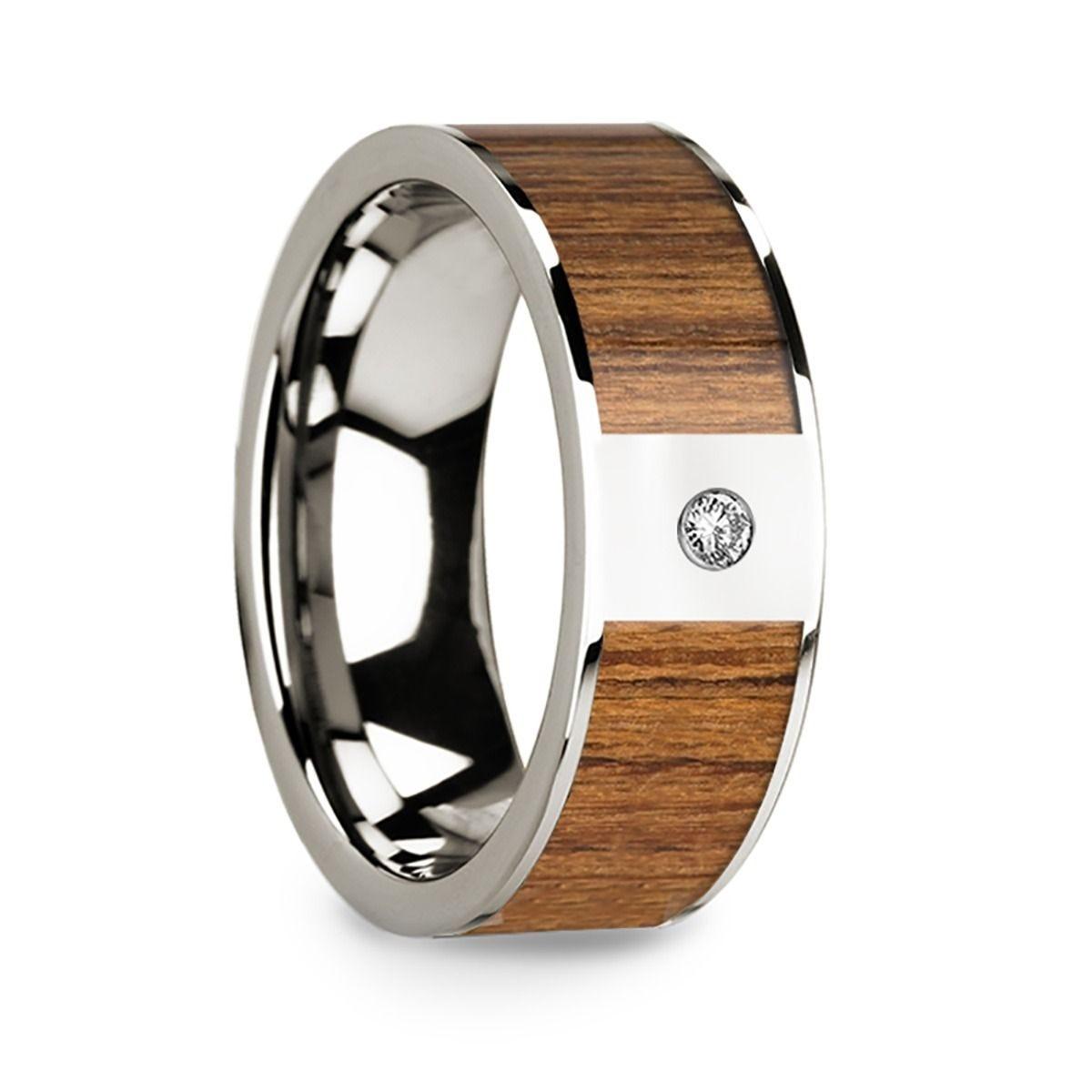 Men���s Polished 14k White Gold & Teak Wood Inlaid Wedding Band with Diamond - 8mm