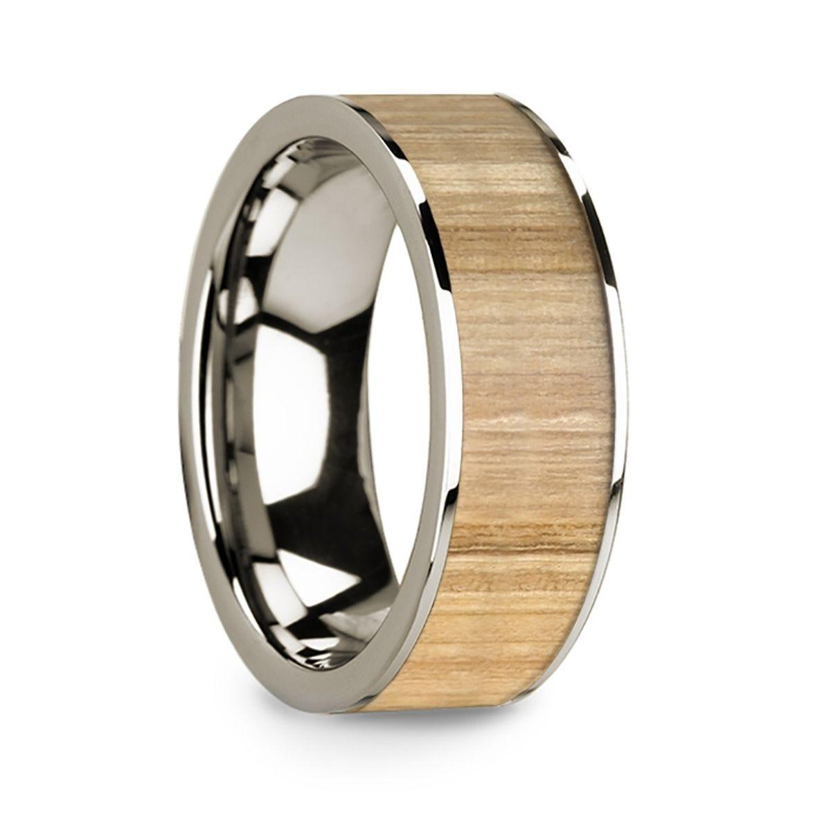 Polished 14k White Gold Men���s Wedding Ring with Ash Wood Inlay - 8mm
