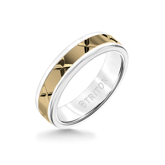 6MM White Tungsten Carbide Ring – StarX 14K Yellow  Gold Insert with Round Edge