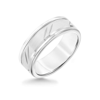 8MM White Tungsten Carbide Ring - Bevel Diagonal Cut 14K White Gold Insert with Round Edge