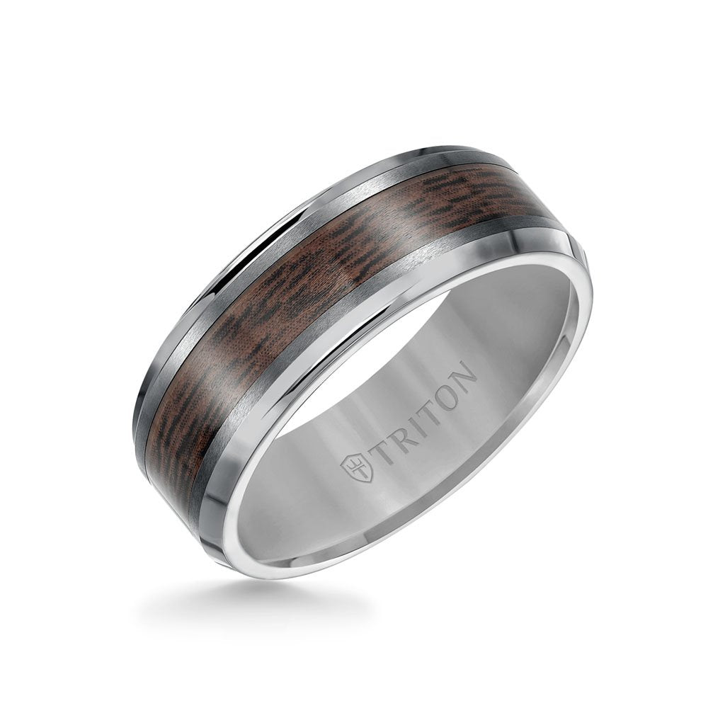 8MM Tungsten Carbide Ring - Wood Center and Bevel Edge