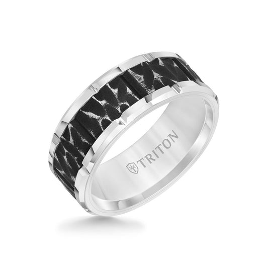 9MM Tungsten Carbide Ring - Black Sandblasted Distressed Center and Bevel Edge