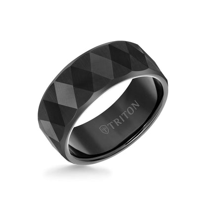 9MM Tungsten Carbide Ring - Faceted Diamond Pattern and Flat Edge