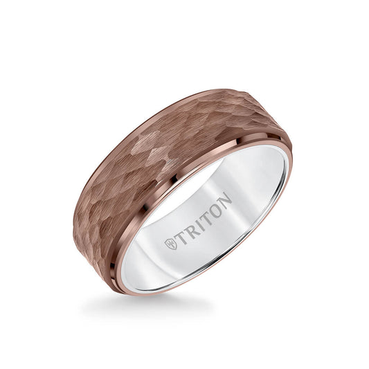 8MM Espresso Tungsten Carbide Ring - Hammered Center and Step Edge