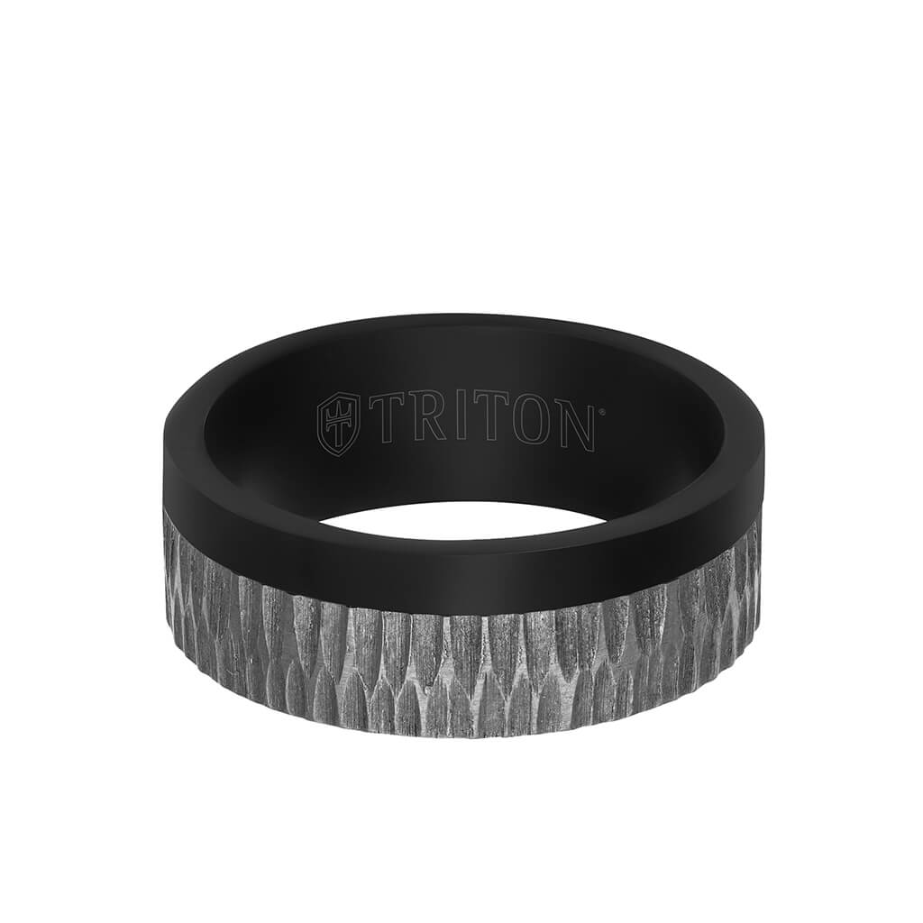 8MM Black Tantalum Ring - Brushed Grey Asymmetrical Inlay and Flat Edge