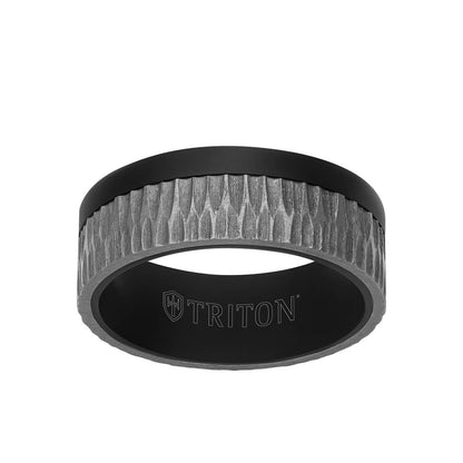 8MM Black Tantalum Ring - Brushed Grey Asymmetrical Inlay and Flat Edge