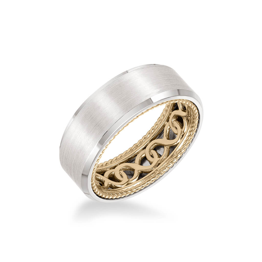 8MM Men's Contemporary Wedding Band - Bright Brush Finish and Bevel Edge with Inside Infinity Pattern and Rope Edge