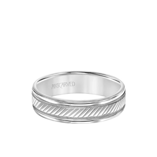 6MM Men's Classic Wedding Band - Diagional Swiss Cut Engraved Design with Milgrain and Round Edge