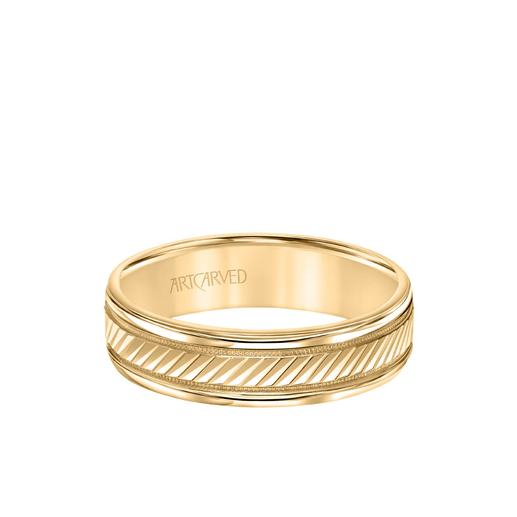 6MM Men's Classic Wedding Band - Diagional Swiss Cut Engraved Design with Milgrain and Round Edge