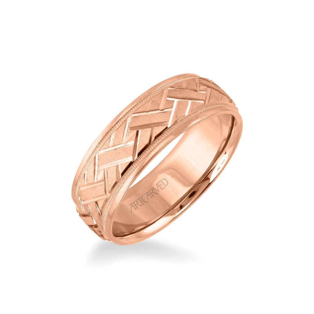 7MM Men's Classic Wedding Band - Criss-Cross Swiss Cut Engraved Design with Milgrain and Round Edge