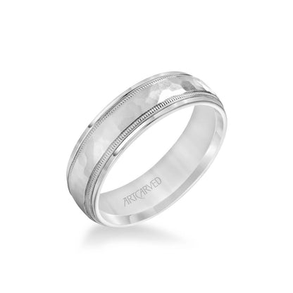 6MM Men's Classic Two Tone Wedding Band - Hammered Finish with Milgrain Detail and Step Edge