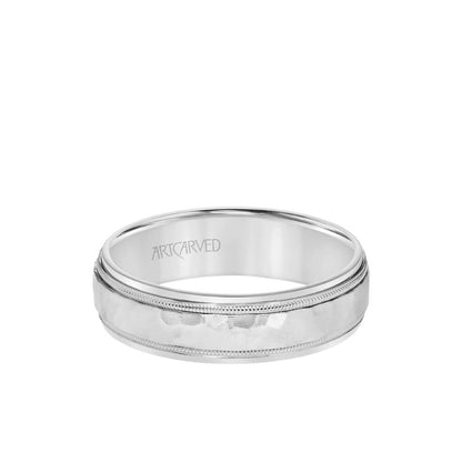 Men’s two-tone wedding band with hammered finish and milgrain detail