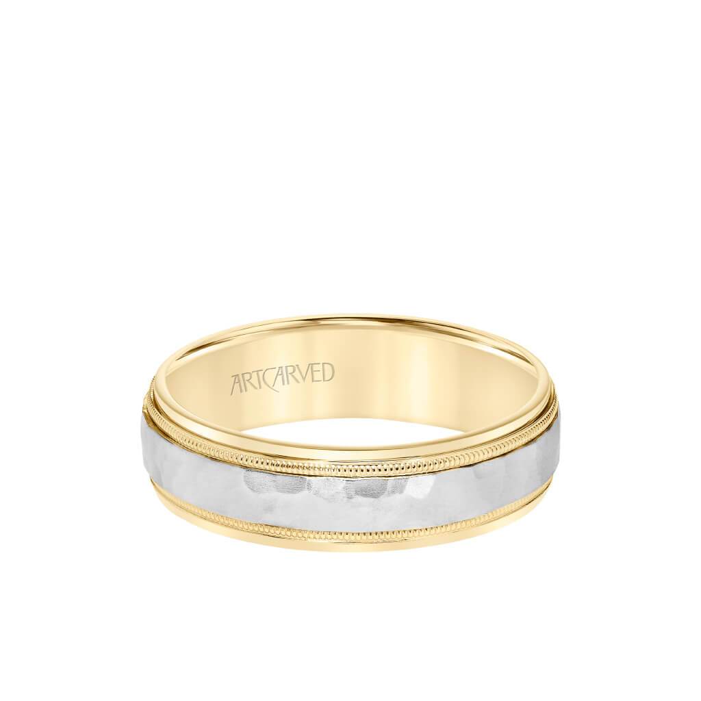 6MM Men's Classic Two Tone Wedding Band - Hammered Finish with Milgrain Detail and Step Edge