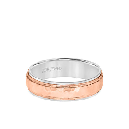 6MM Men's Classic Two Tone Wedding Band - Hammered Finish with Milgrain Detail and Step Edge