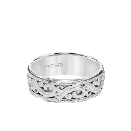 7.5MM Men's Wedding Band - Intricated Engraved Open Scroll Design with Milgrain and Flat Edge