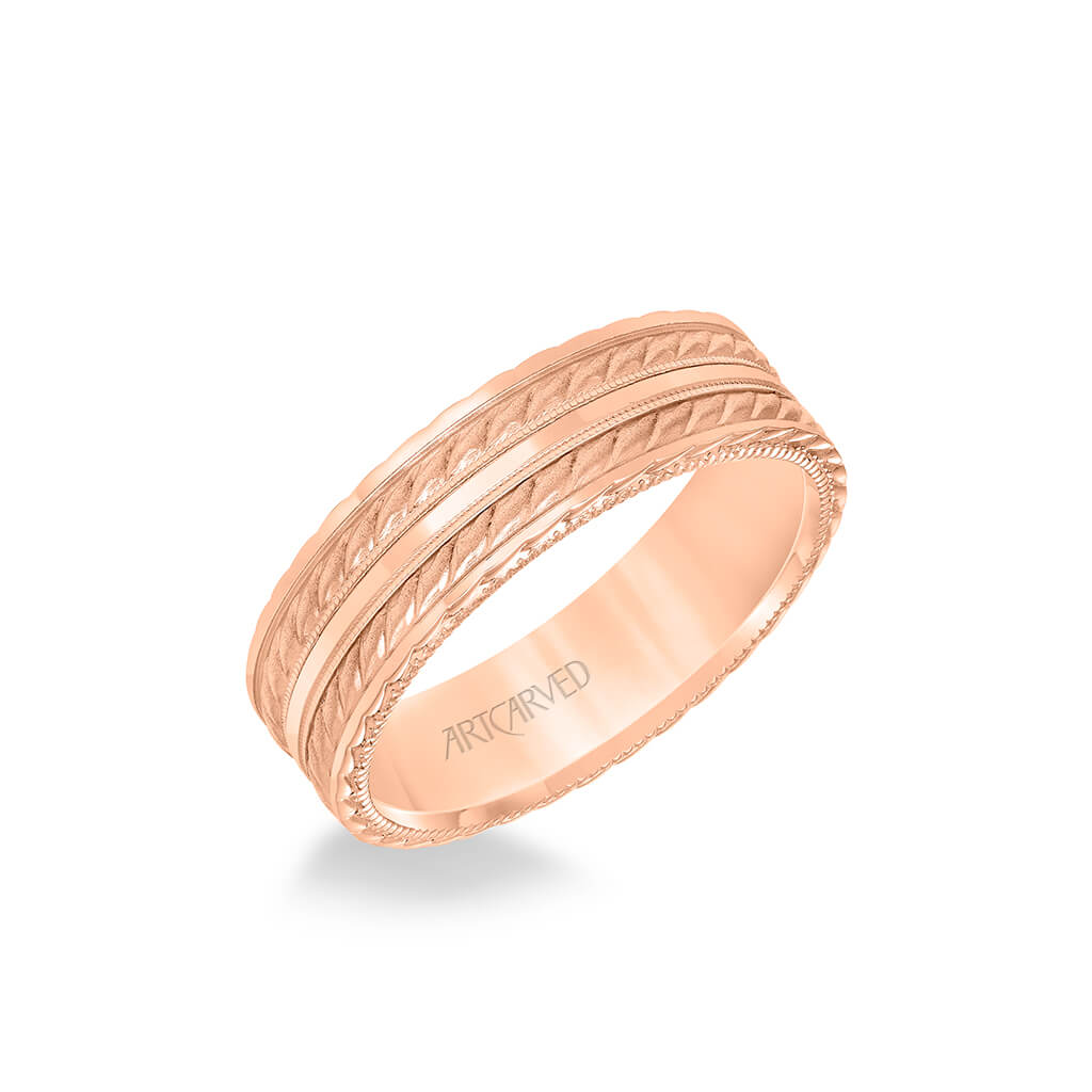 6.5MM Men's Wedding Band - Soft Sand and Bright Finish Flat Edge, rope and Milgraining treatment on top and sides