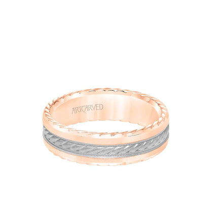 6.5MM Men's Wedding Band - Soft Sand Finish with Rope Center, and Bevel Edge with Side Rope Detail