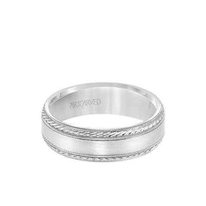 6.5mm men’s satin finish wedding band with rope and milgrain accents