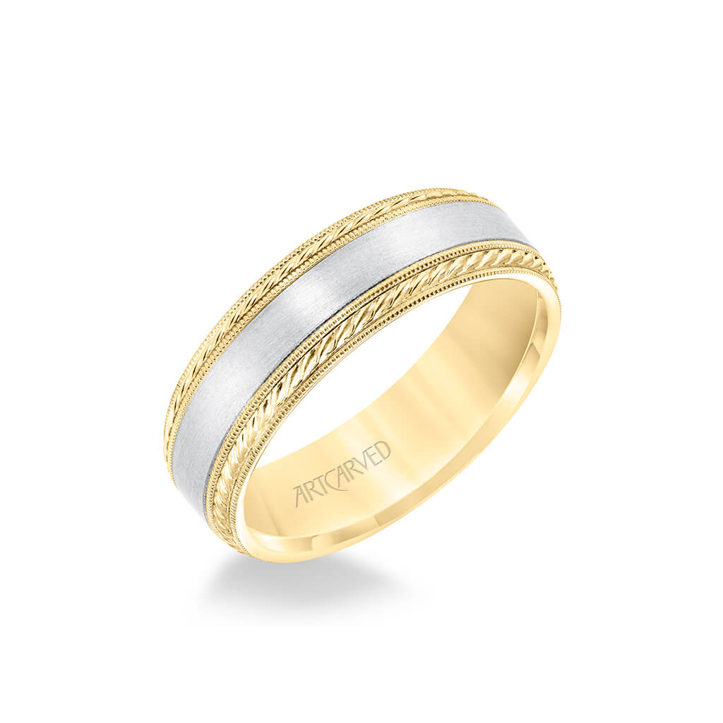 6.5MM Men's Wedding Band - Satin Finish with Rope and Milgrain Accents and Milgrain Edge