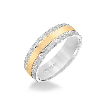 6.5MM Men's Wedding Band - Wire Emery Finish with Textured Vintage Design and Milgrain Bevel Edge