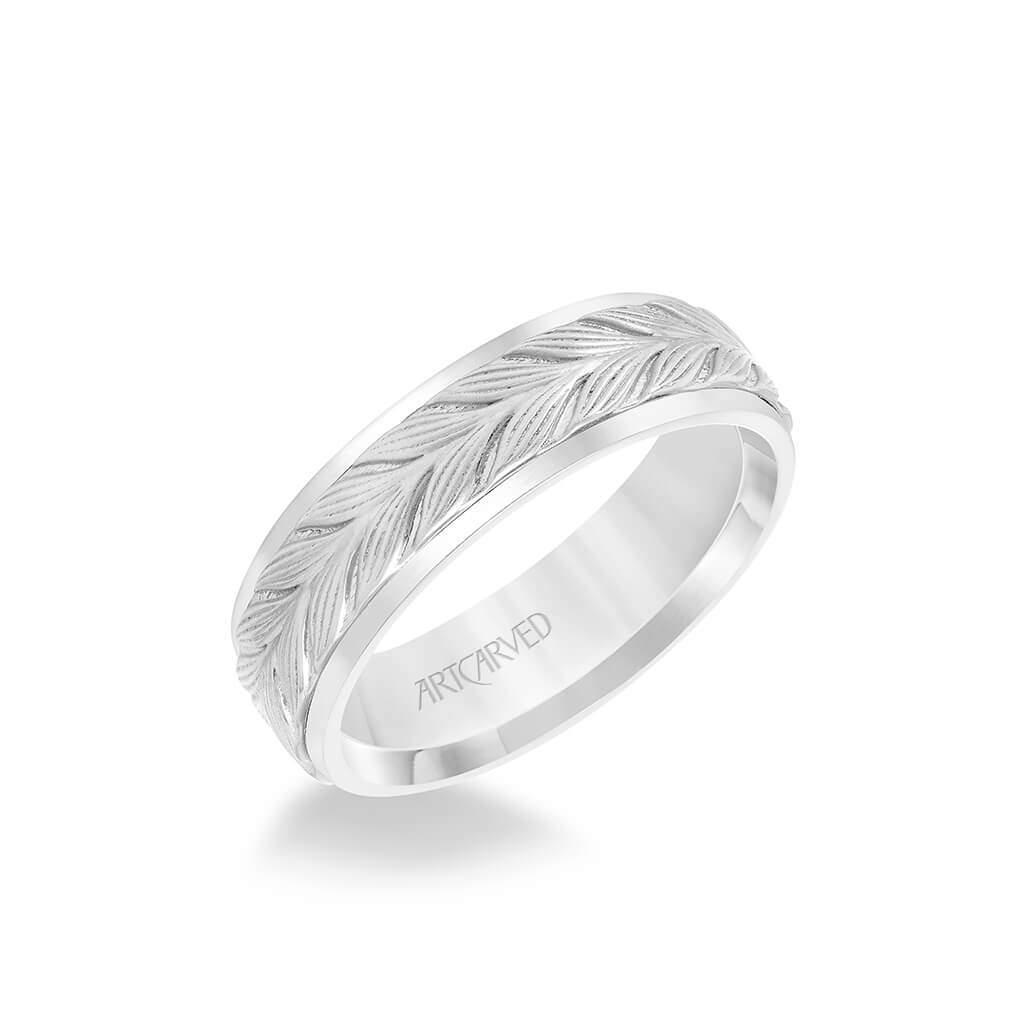 6.5MM Men's Wedding Band - Textured Leaf Design with Round Edge