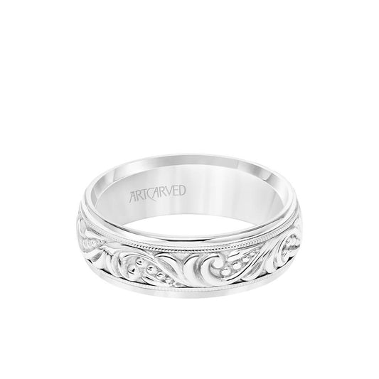 7MM Men's Wedding Band - Engraved Paisley Design with Milgrain Detail and Round Edge