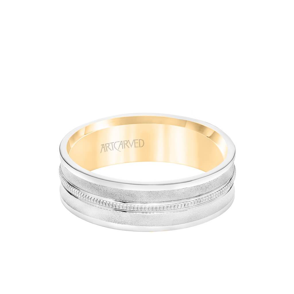 6.5MM Men's Wedding Band - White Gold Bright Soft Sand Finish with Milgrain Center with Rose Gold Interior and Flat Edge