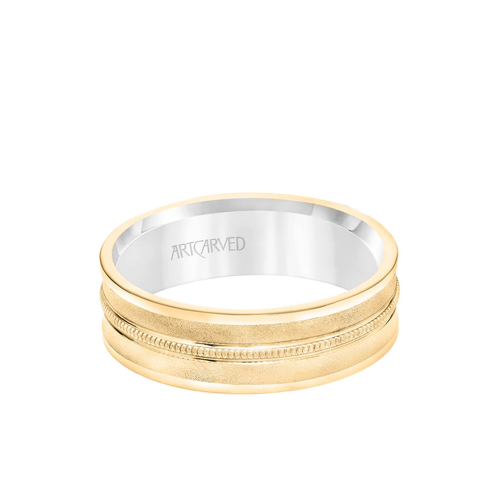 6.5MM Men's Wedding Band - White Gold Bright Soft Sand Finish with Milgrain Center with Rose Gold Interior and Flat Edge