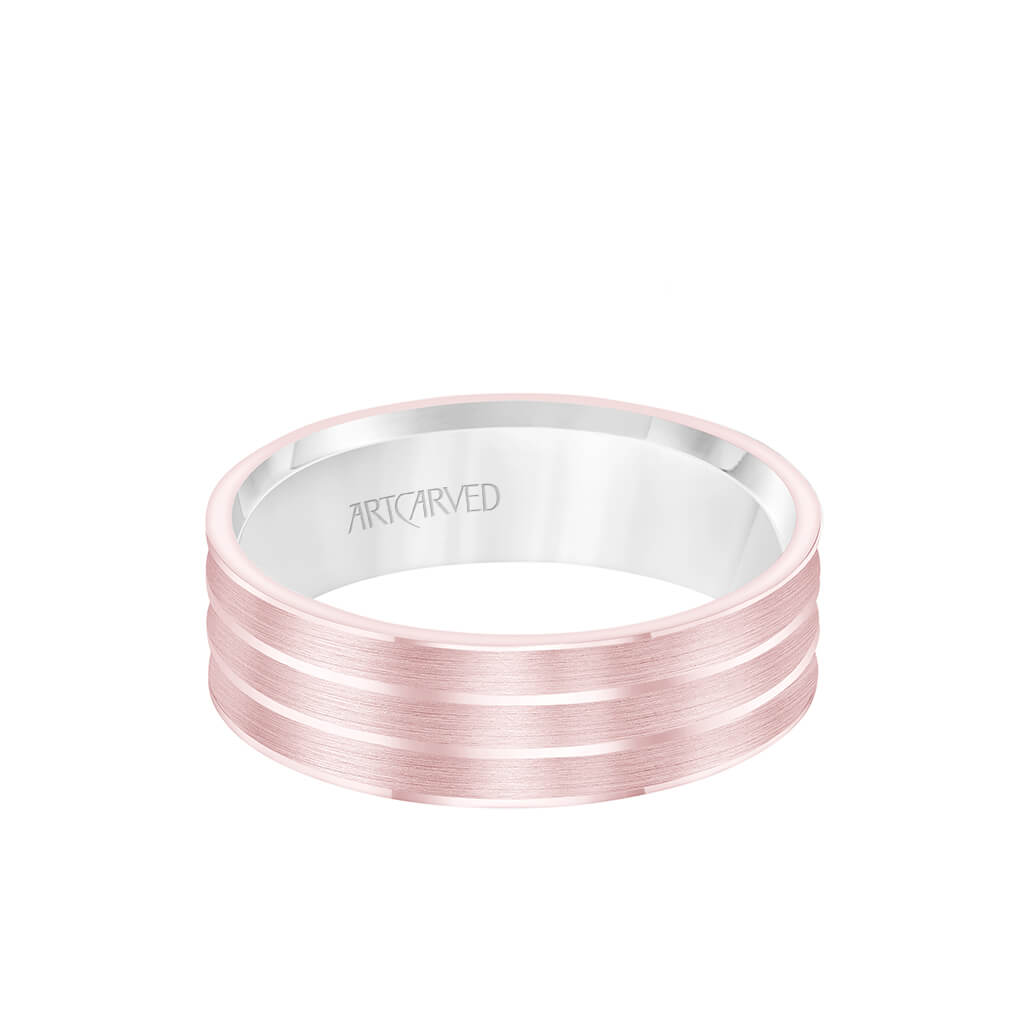 6.5MM Men's Wedding Band - White Gold Brush Finish with Rose Gold Cut Center with Rose Gold Interior and Round Edge