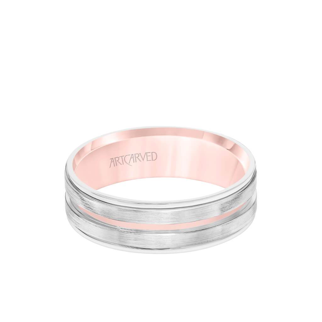 6.5MM Men's Wedding Band - White Gold Brush Finish with Rose Gold Cut Center with Rose Gold Interior and Round Edge