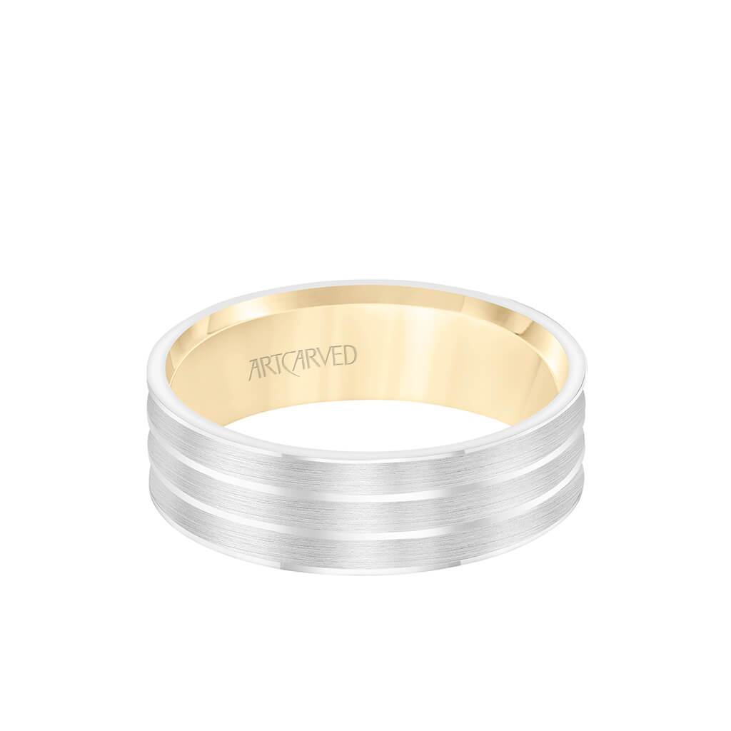 6.5MM Men's Wedding Band - Brush Finish with Polished Cuts with Yellow Gold Interior and Flat Edge