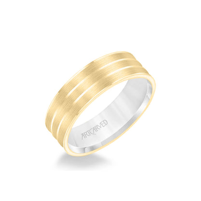 6.5MM Men's Wedding Band - Brush Finish with Polished Cuts with Yellow Gold Interior and Flat Edge