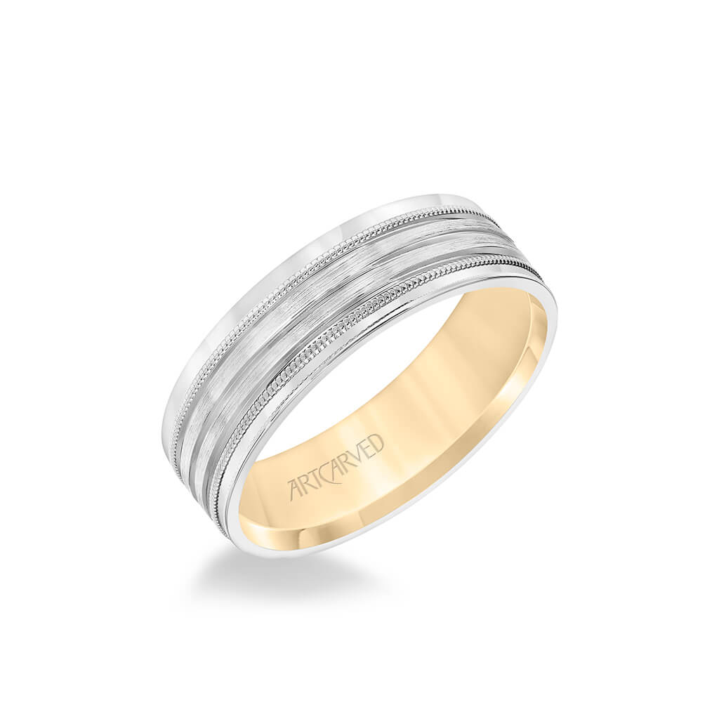 6MM Men's Wedding Band - Brush Finish with Polished Cuts and Milgrain Accents with Yellow Gold Interior and Flat Edge